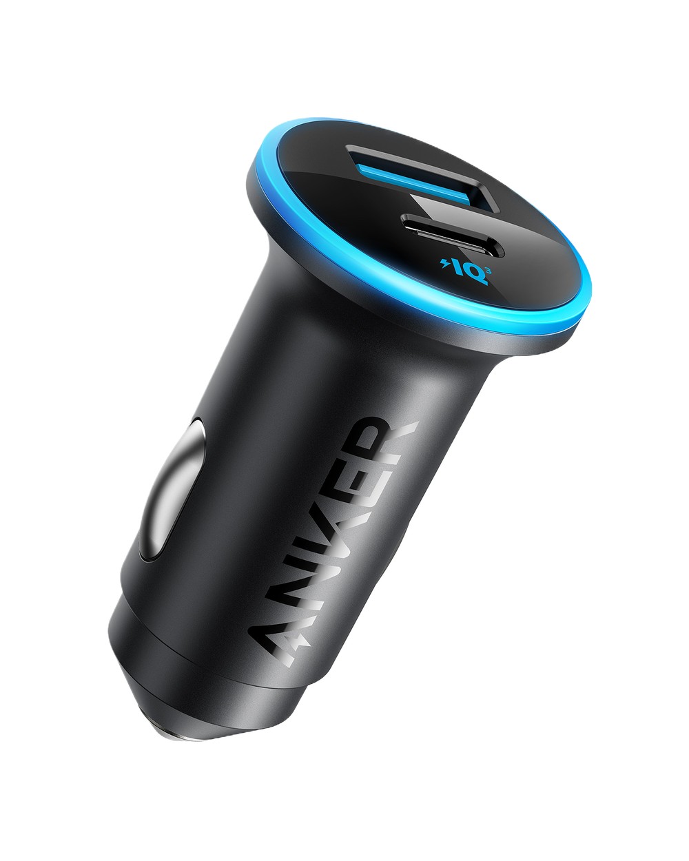Carregador veicular Anker 323 preto com anel luminoso azul, uma porta USB-A e uma USB-C