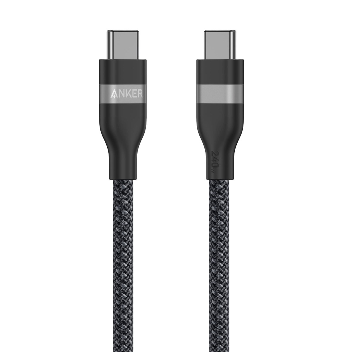 Cabo USB-C Anker de 240 W preto trançado com conectores pretos, faixa cinza e a marca Anker
