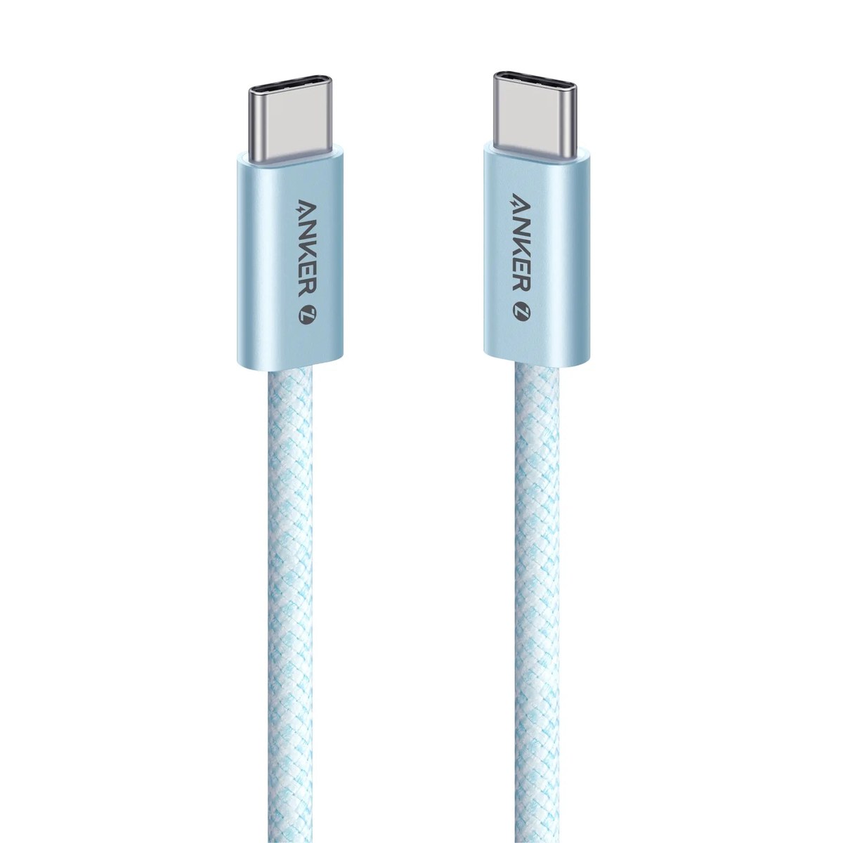 Cabo USB-C Anker Zolo azul trançado com os dois conectores de metal azul e o logotipo da Anker