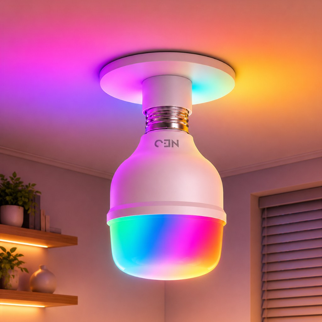 Lâmpada inteligente Avant Neo Bulbo HP de alta potência acesa em várias cores no teto de uma sala