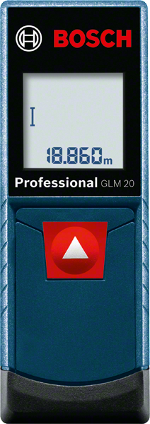 Trena a laser Bosch GLM 20 azul e preta com visor mostrando 18,860 m e botão vermelho central