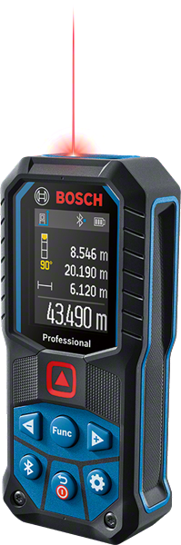Trena a laser Bosch GLM 50-27 C com carcaça emborrachada azul e preta, tela colorida e laser vermelho saindo do topo