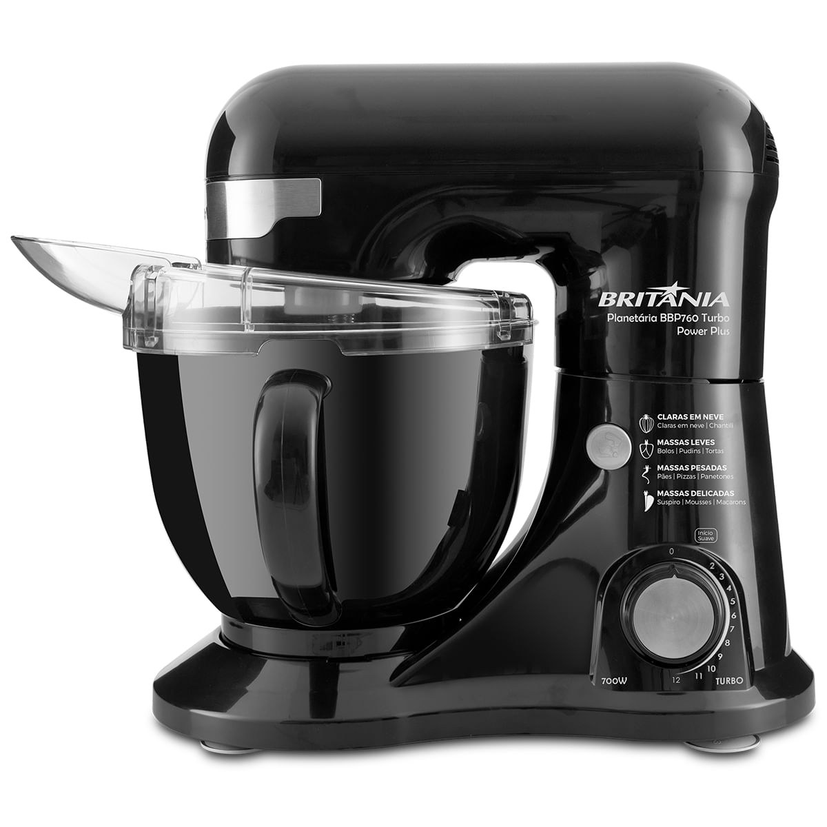 Batedeira planetária Britânia BBP760P Power Plus Turbo preta com tigela e tampa antirrespingo