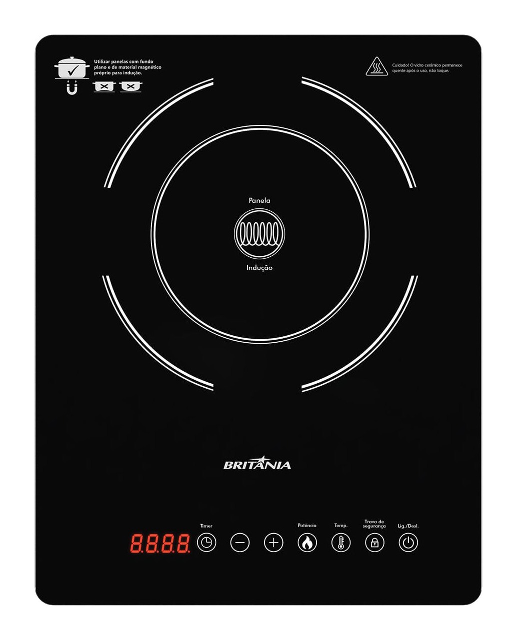 Cooktop de indução portátil Britânia BCT14P preto, visto de cima, com botões touch de timer, potência e temperatura