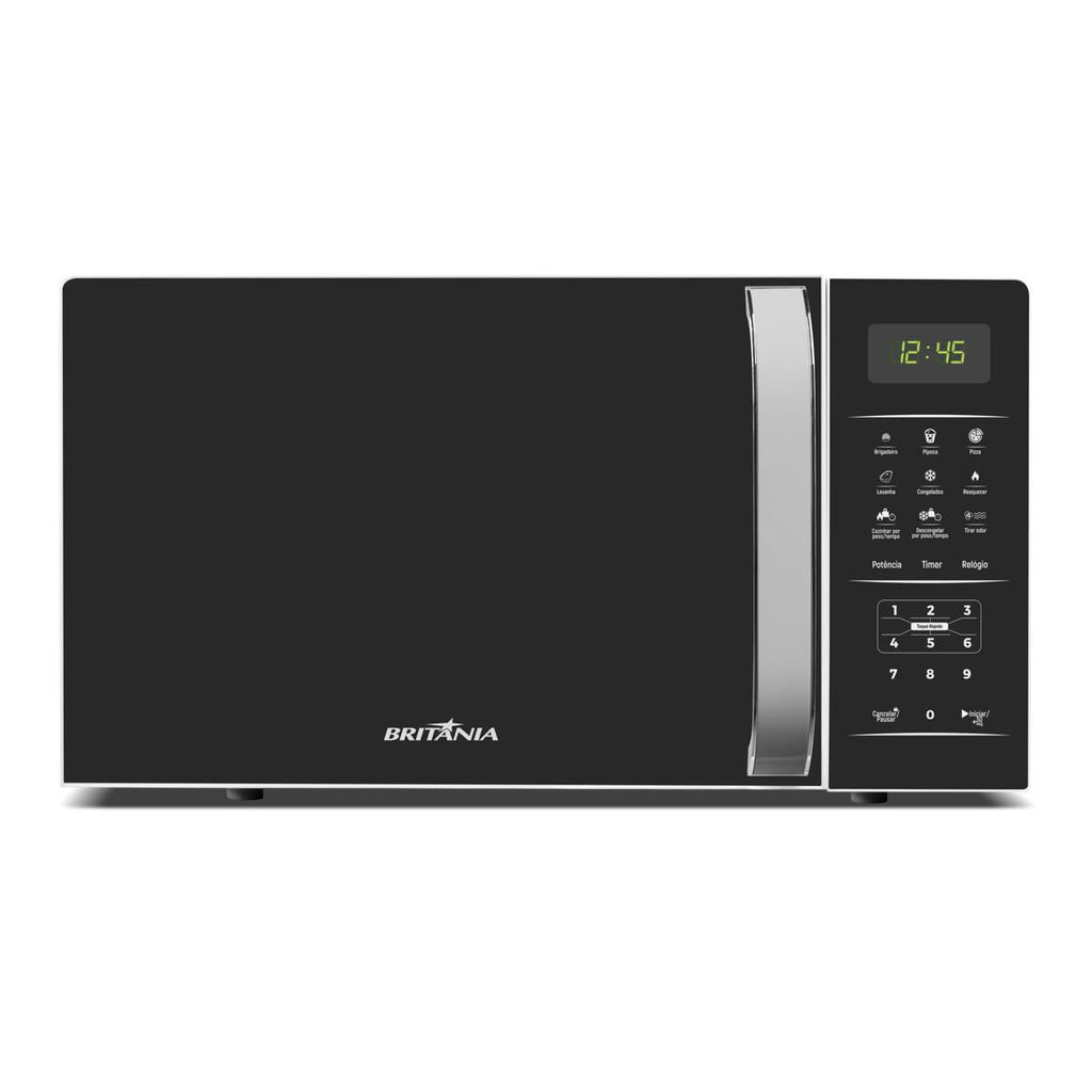 Micro-ondas Britânia BMO23 preto, visto de frente, com porta espelhada e painel digital à direita