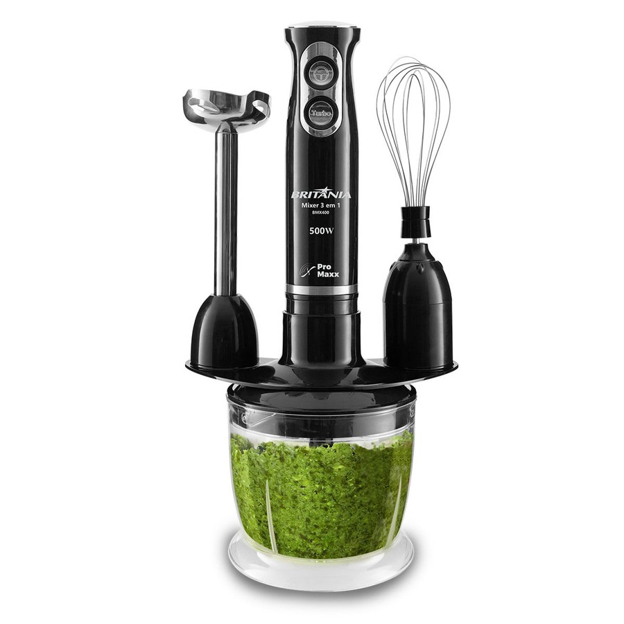 Mixer Britânia BMX400P preto com copo processador, haste e batedor de claras