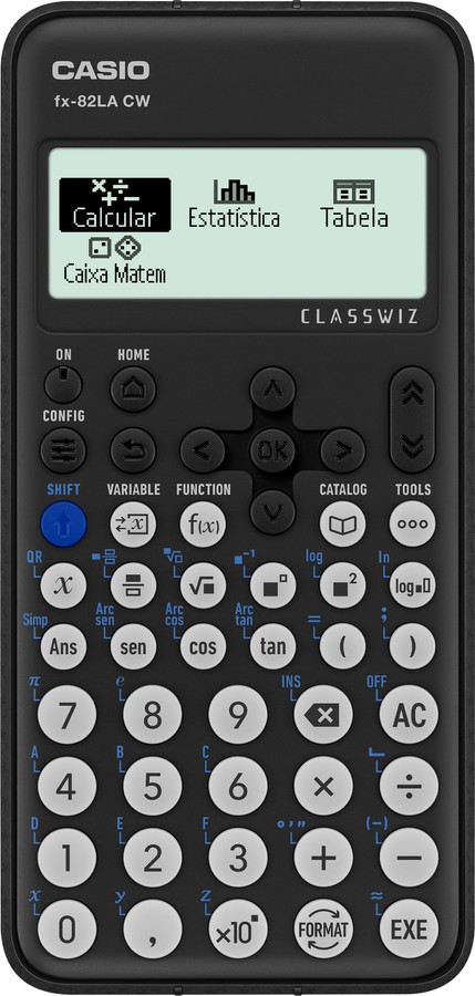 Calculadora científica Casio fx-82LA CW ClassWiz preta com teclas redondas cinza e menu de aplicativos no visor
