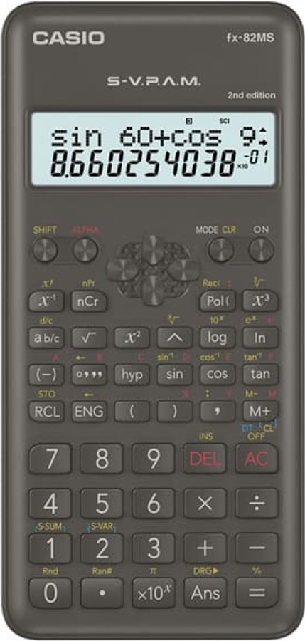 Calculadora científica Casio fx-82MS 2nd edition cinza escura com visor de duas linhas e teclas coloridas