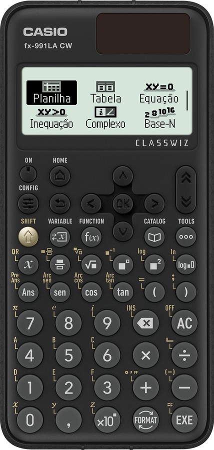 Calculadora científica Casio fx-991LA CW ClassWiz preta com painel solar e menu com Planilha, Tabela, Equação e Complexo