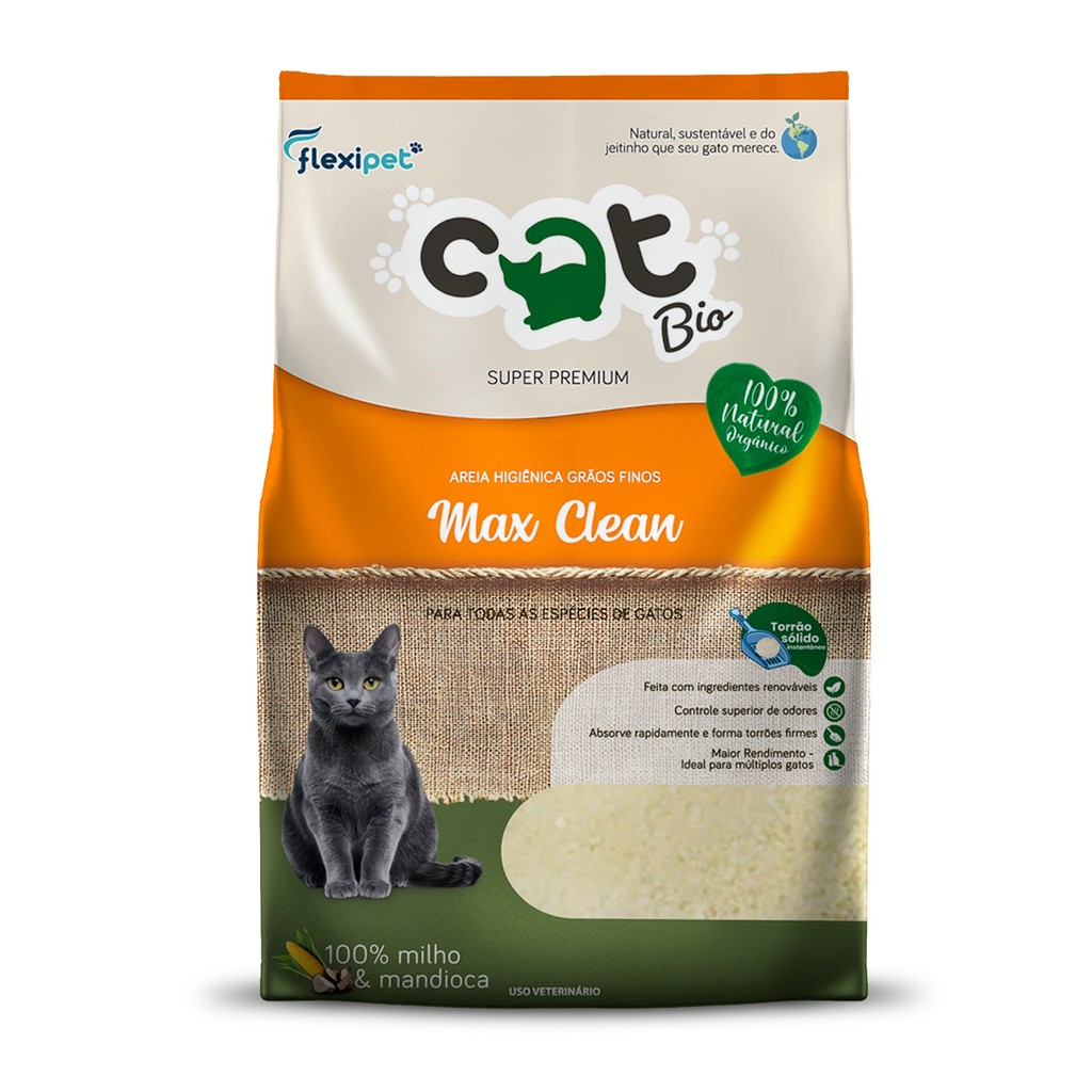 Embalagem da areia higiênica Cat Bio Max Clean de grãos finos, com faixa laranja e um gato cinza
