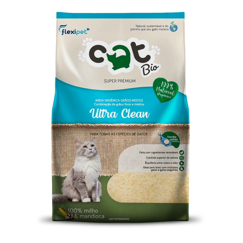 Embalagem da areia higiênica Cat Bio Ultra Clean de grãos mistos, com faixa azul e um gato de pelo longo