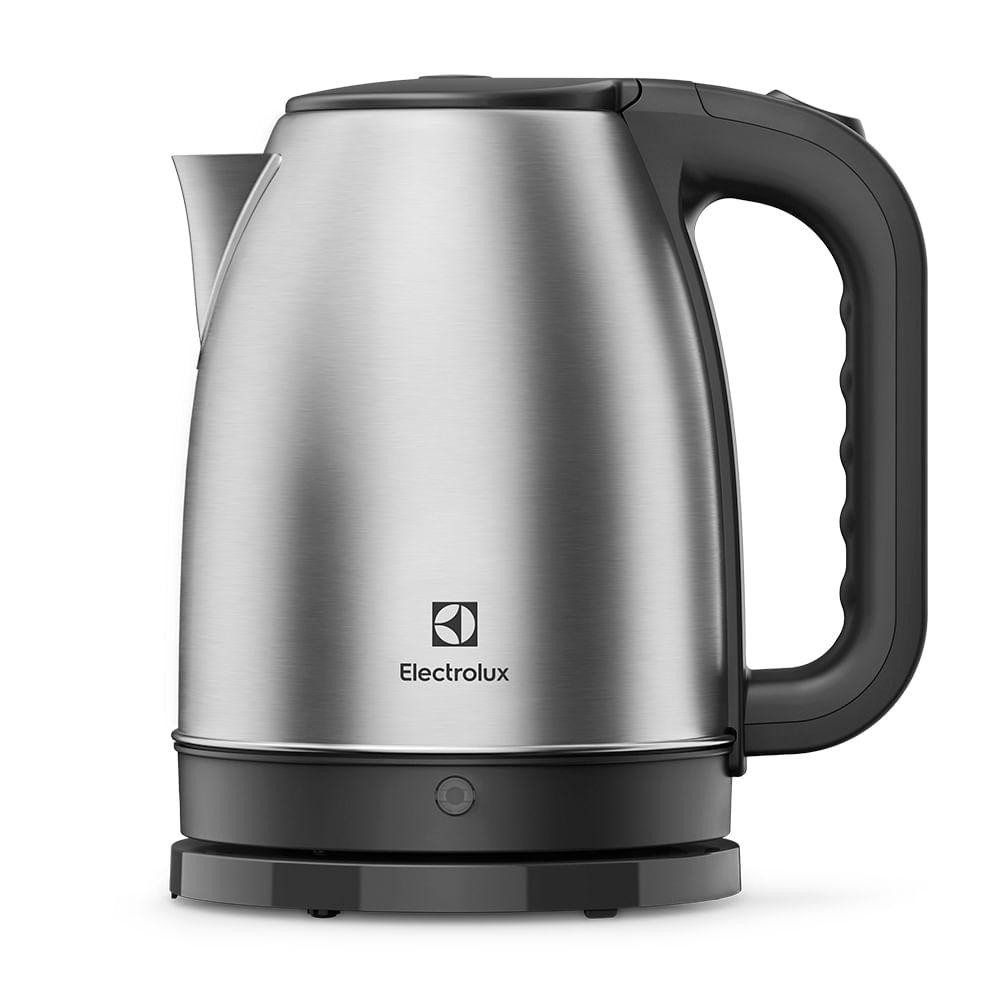 Chaleira elétrica Electrolux Efficient EEK10 de inox escovado com tampa e alça pretas e logotipo da Electrolux