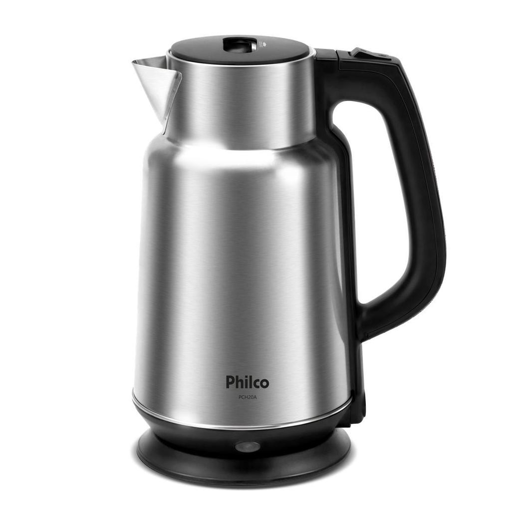 Chaleira elétrica Philco PCH20A de inox escovado com tampa preta, bico metálico, alça preta e base redonda
