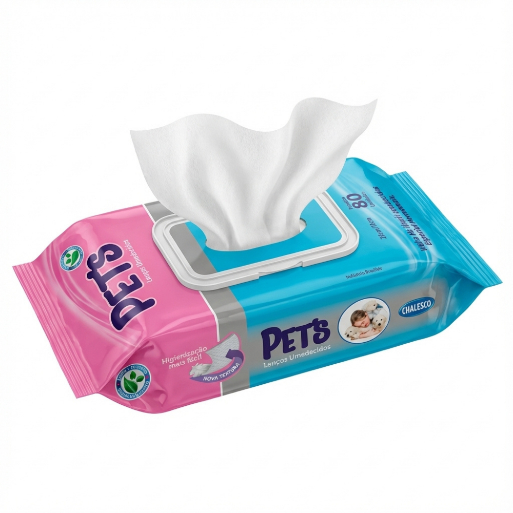 Pacote de lenços umedecidos Chalesco Pets com 80 unidades, embalagem rosa e azul com tampa aberta e um lenço saindo