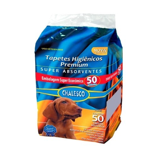 Pacote do tapete higiênico Chalesco Premium Super Absorvente com 50 unidades de 60x90 cm, embalagem azul e laranja com filhote de cachorro