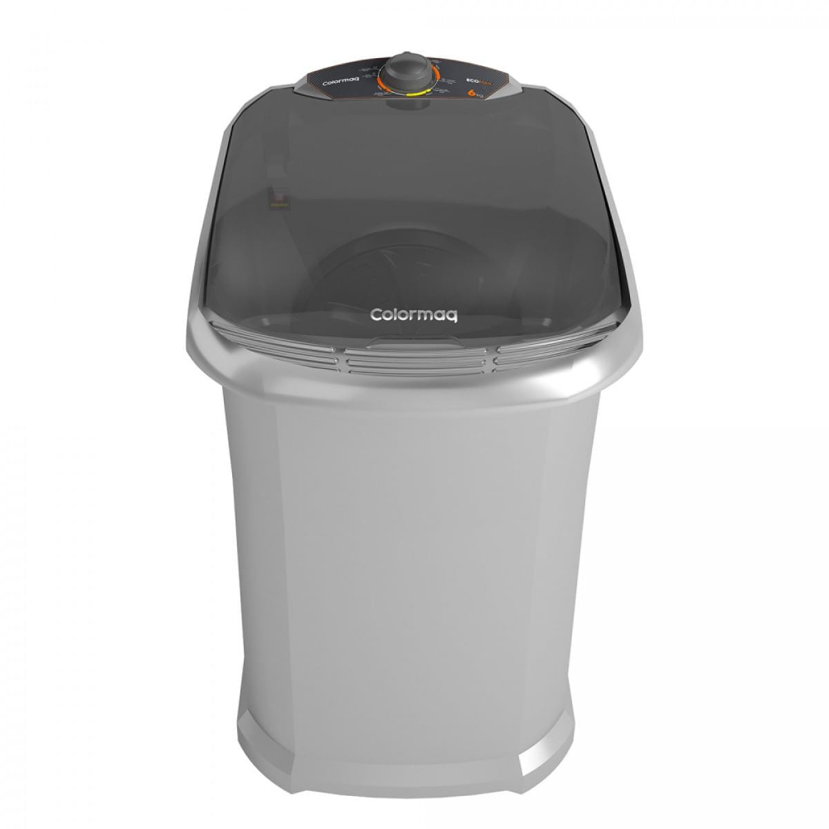Tanquinho Colormaq LCT6 de 6 kg cinza, visto de cima, com tampa translúcida escura e botão do timer