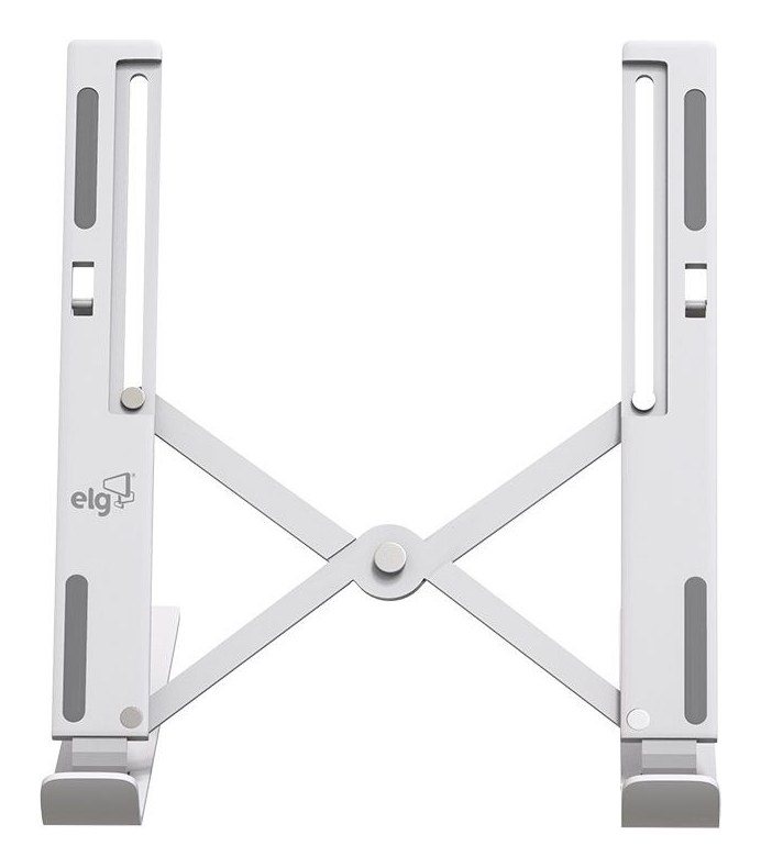 Suporte de notebook dobrável ELG NTB8520 na cor branca, de frente, com a logomarca da ELG