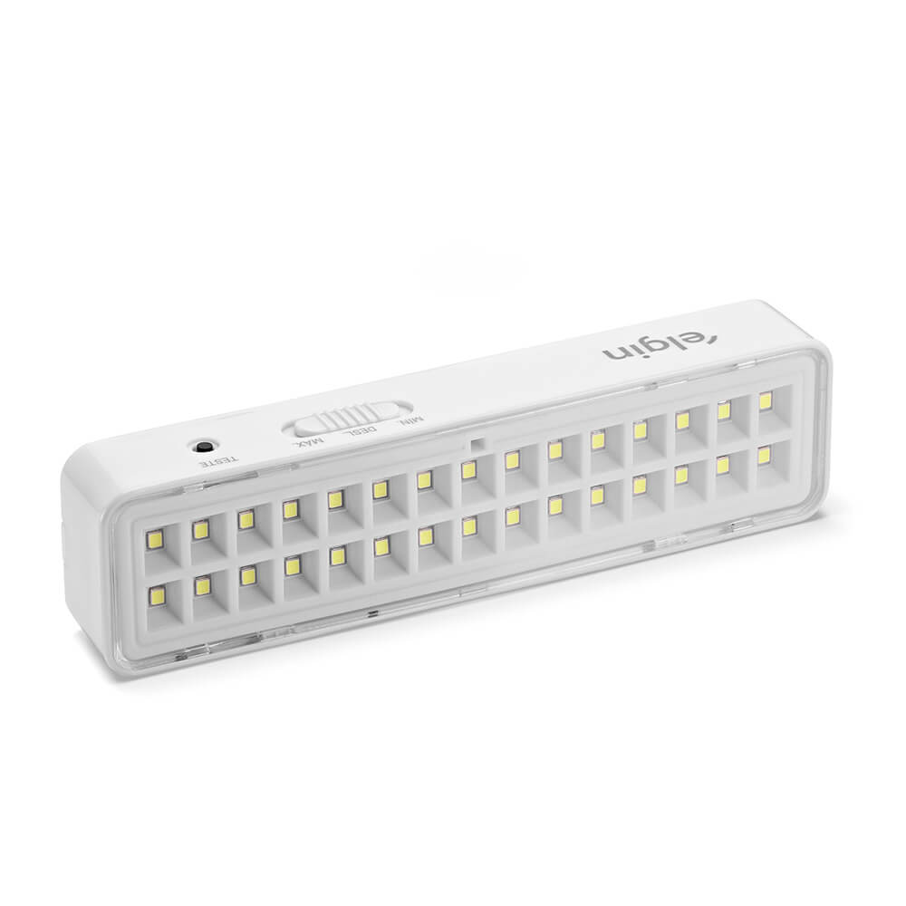Luminária de emergência Elgin de 30 LEDs, retangular e branca, com chave de máximo e mínimo e botão de teste