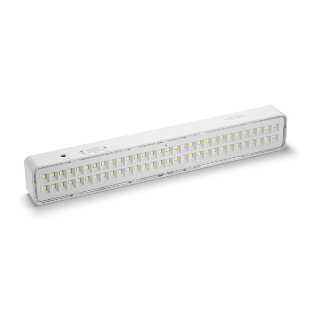 Luminária de emergência Elgin de 60 LEDs, alongada e branca, com duas fileiras de LEDs e chave de máximo e mínimo