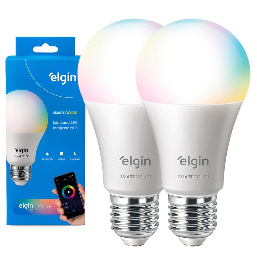 Duas lâmpadas inteligentes Elgin Smart Color ao lado da caixa azul com o aplicativo no celular