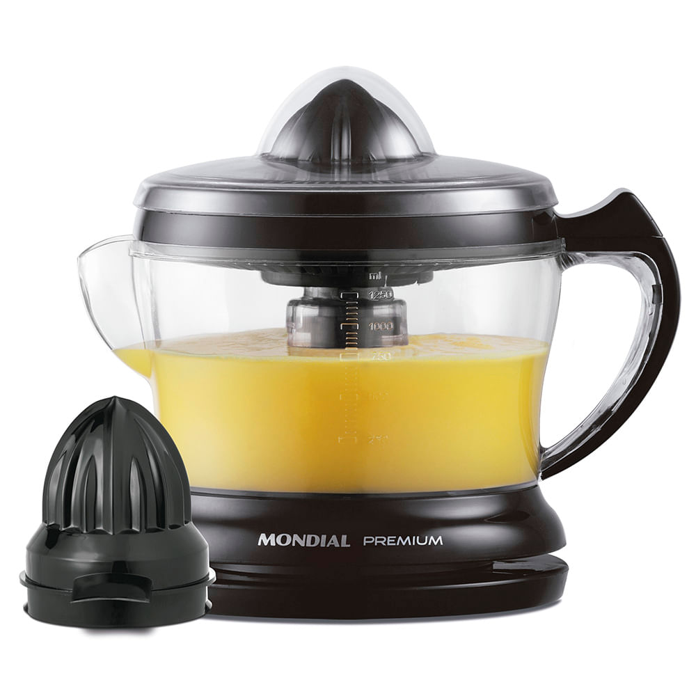 Espremedor Mondial Premium E-02 preto com jarra transparente cheia de suco de laranja e o cone menor ao lado