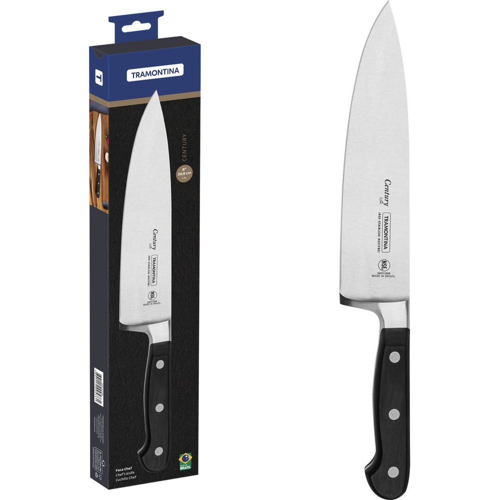Faca chef Tramontina Century 8 polegadas com lâmina forjada, cabo preto com três rebites e caixa de papelão