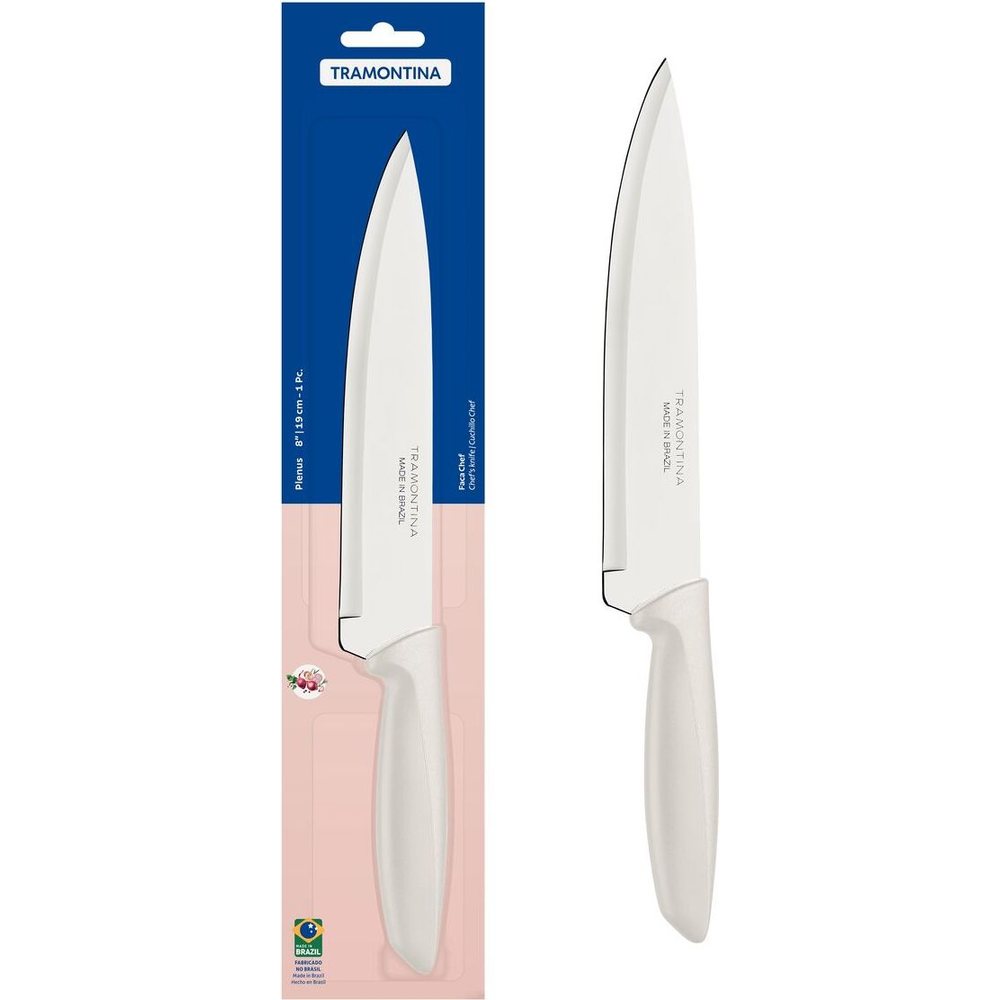 Faca chef Tramontina Plenus 8 polegadas com cabo off white, ao lado da embalagem azul e rosa