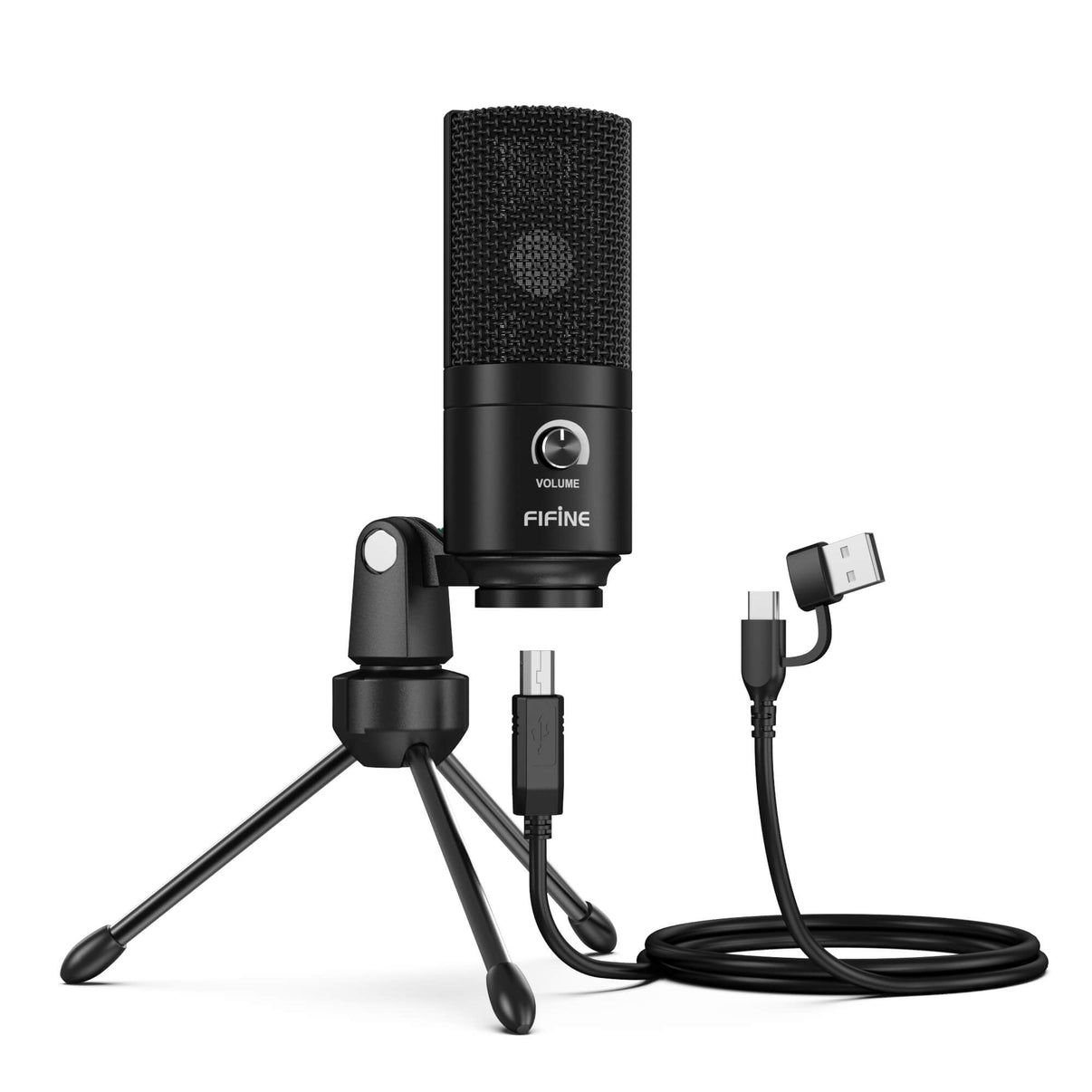 Microfone Fifine K669B com acabamento metálico sobre tripé de mesa