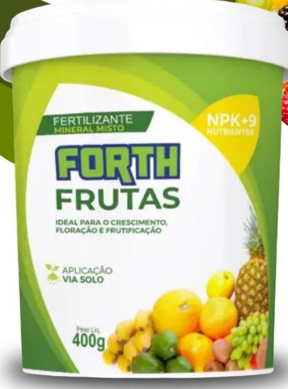 Pote de 400 g do fertilizante mineral misto Forth Frutas, verde com frutas no rótulo