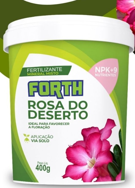 Pote de 400 g do fertilizante mineral misto Forth Rosa do Deserto, verde com flor rosa no rótulo