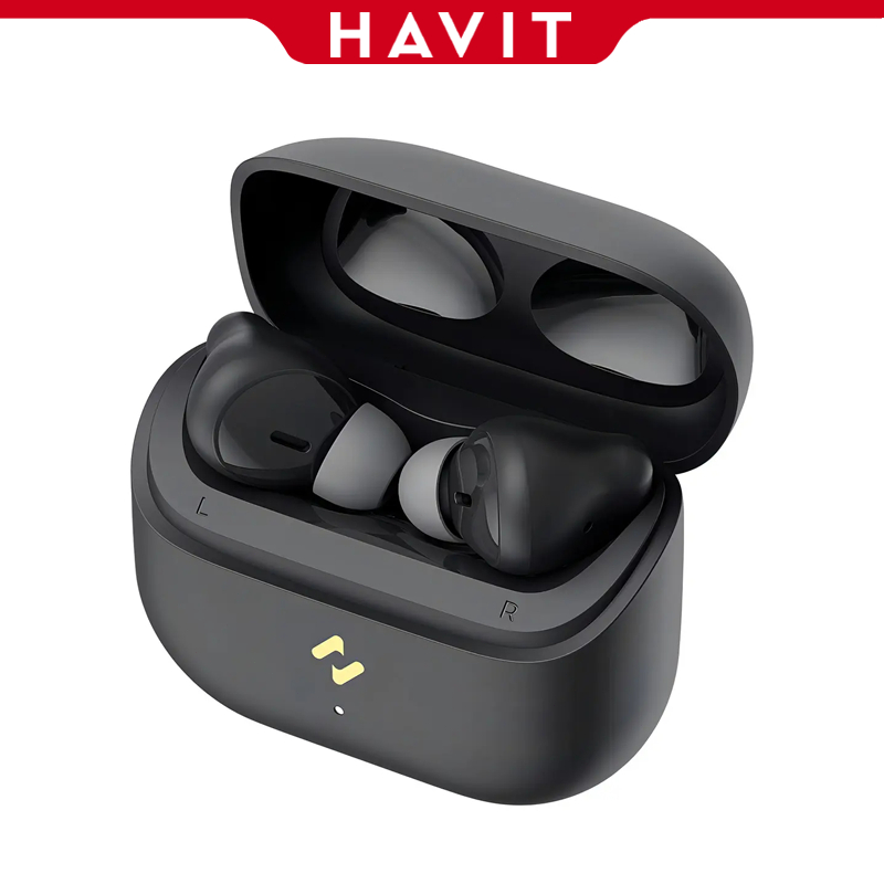 Fones Havit TW982 pretos dentro do estojo aberto, com ponteiras de silicone cinza e logotipo da Havit
