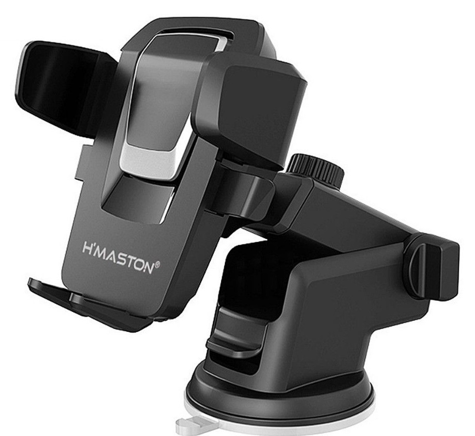 Suporte de celular veicular H'Maston CJ-02 preto, com ventosa na base, braço articulado e garra com trava