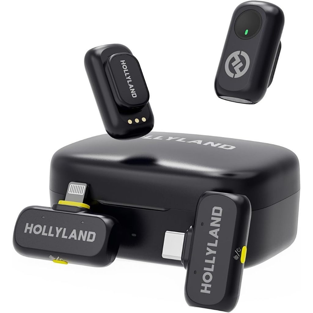 Kit Hollyland Lark A1 com dois transmissores pretos, receptores USB-C e Lightning e a case de carga