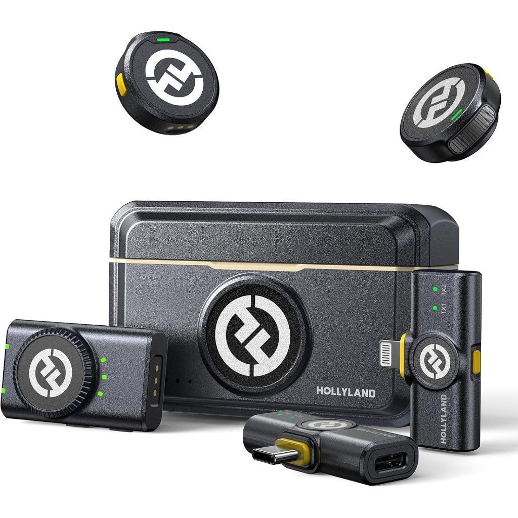 Kit Hollyland Lark M2 com transmissores redondos, receptor de câmera, receptores USB-C e Lightning e case de carga