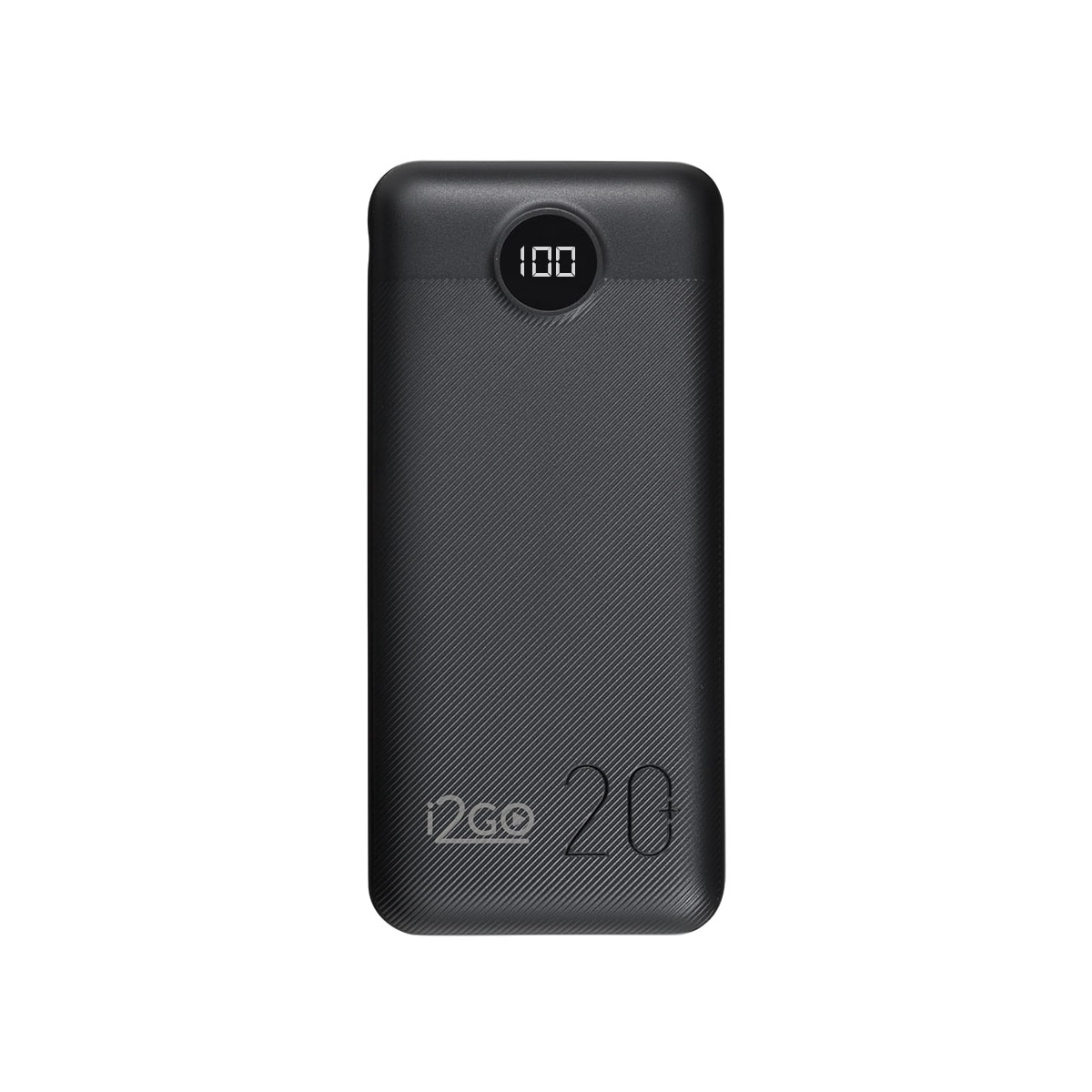 Power bank i2GO PRO preto com visor digital mostrando a porcentagem de carga