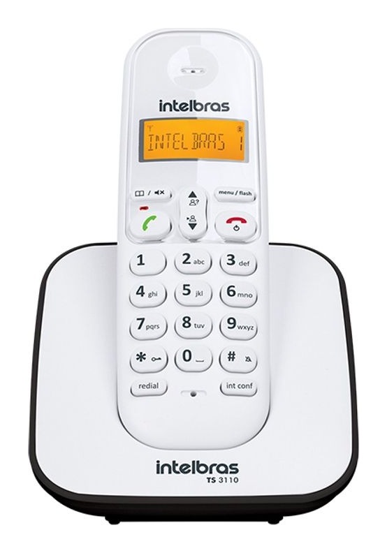 Telefone sem fio Intelbras TS 3110 com fone branco e base com detalhe preto, display âmbar aceso