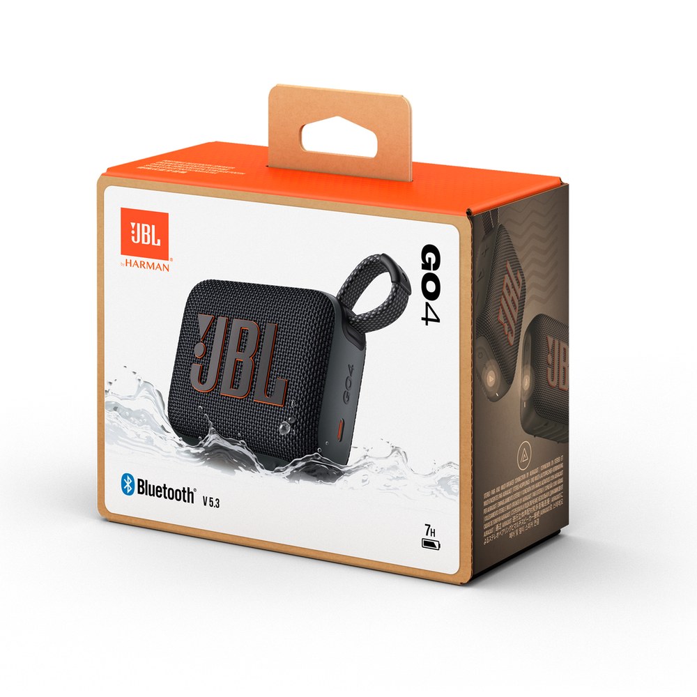 Caixa de som JBL Go 4 dentro da caixa original com o selo de resistência à água