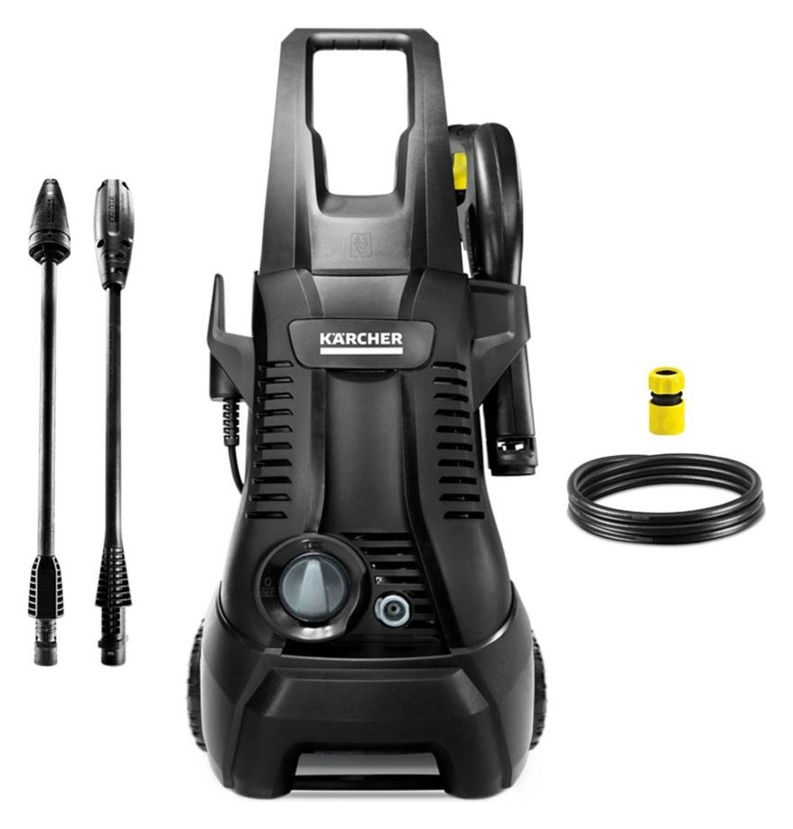 Lavadora de alta pressão Kärcher K2 Plus Turbo preta, com duas lanças, engate rápido e mangueira ao lado