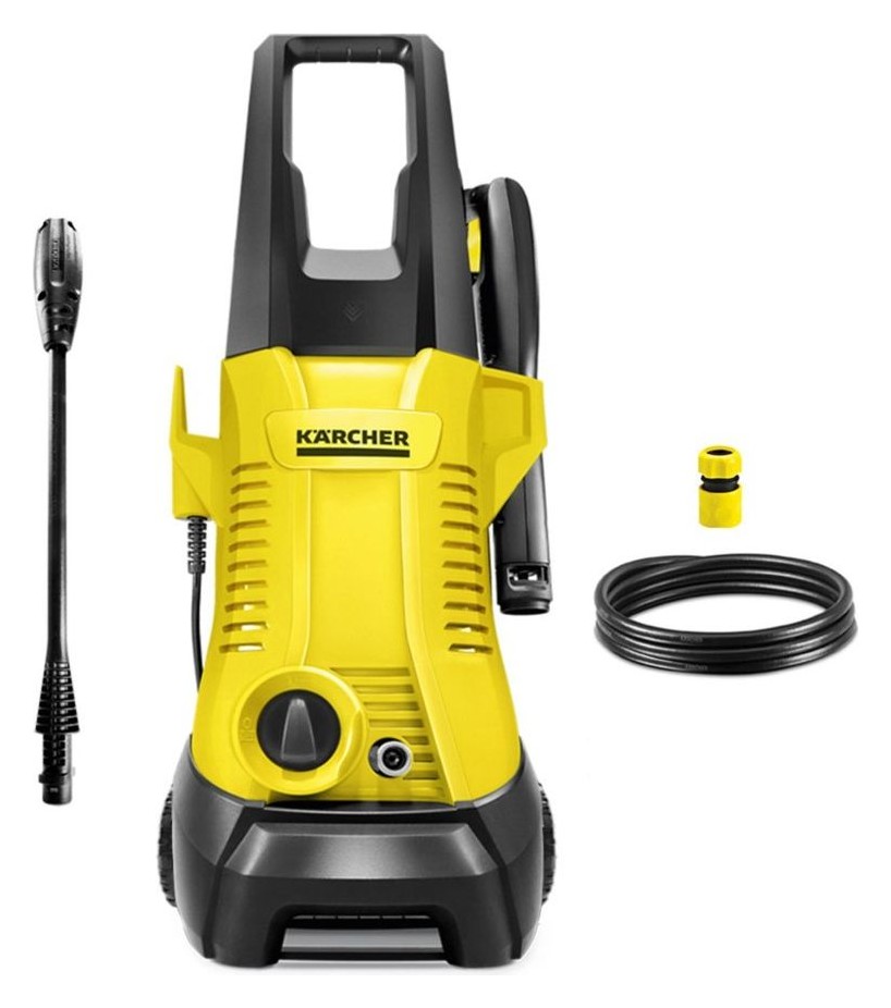 Lavadora de alta pressão Kärcher K2 Plus amarela e preta, com lança, engate rápido e mangueira ao lado