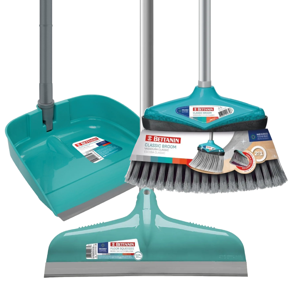Kit Bettanin com pá com cabo, vassoura 2 em 1 e rodo Ballena de 30 cm em verde-água