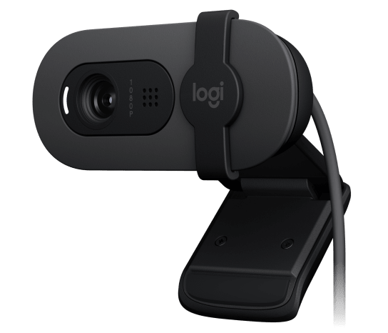 Webcam Logitech Brio 100 na cor grafite vista de perfil