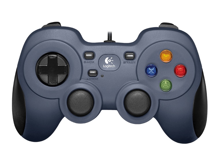 Gamepad Logitech F310 azul-acinzentado com empunhaduras pretas, D-pad à esquerda e quatro botões coloridos à direita