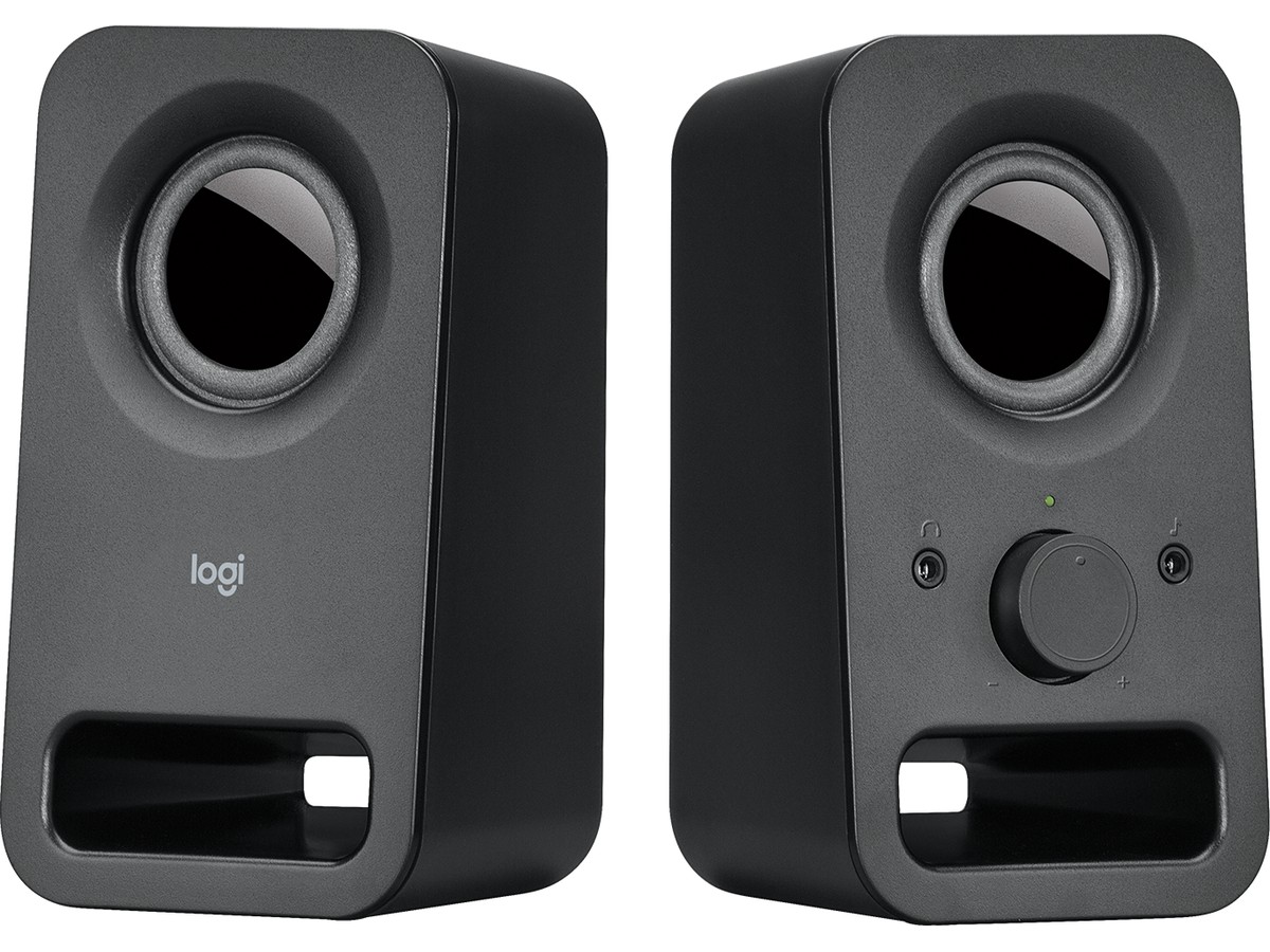 Par de caixas de som Logitech Z150 pretas, compactas, com alto-falante redondo e ranhura frontal