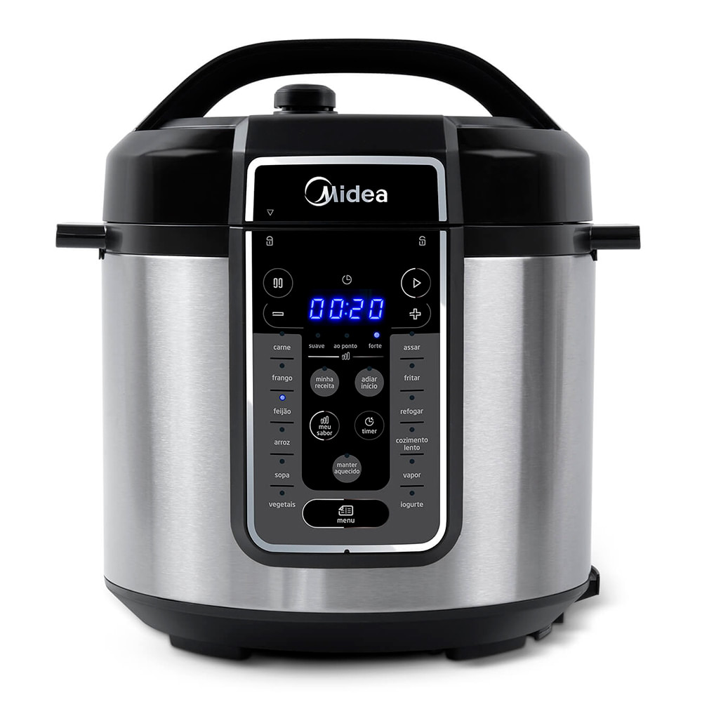 Panela de pressão elétrica Midea MasterSteam 6L inox com painel digital azul