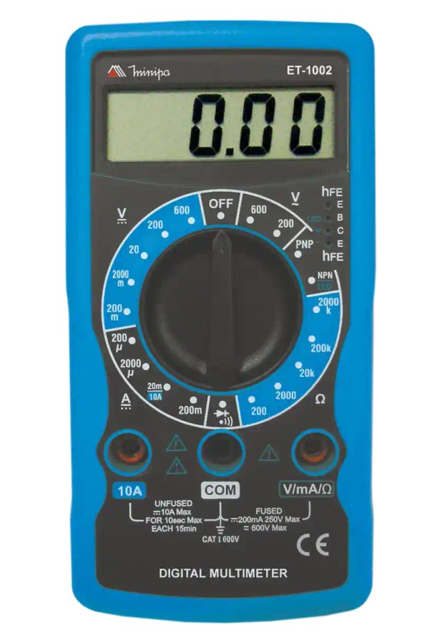 Multímetro digital Minipa ET-1002 azul e preto, com display de 3 1/2 dígitos e seletor rotativo central