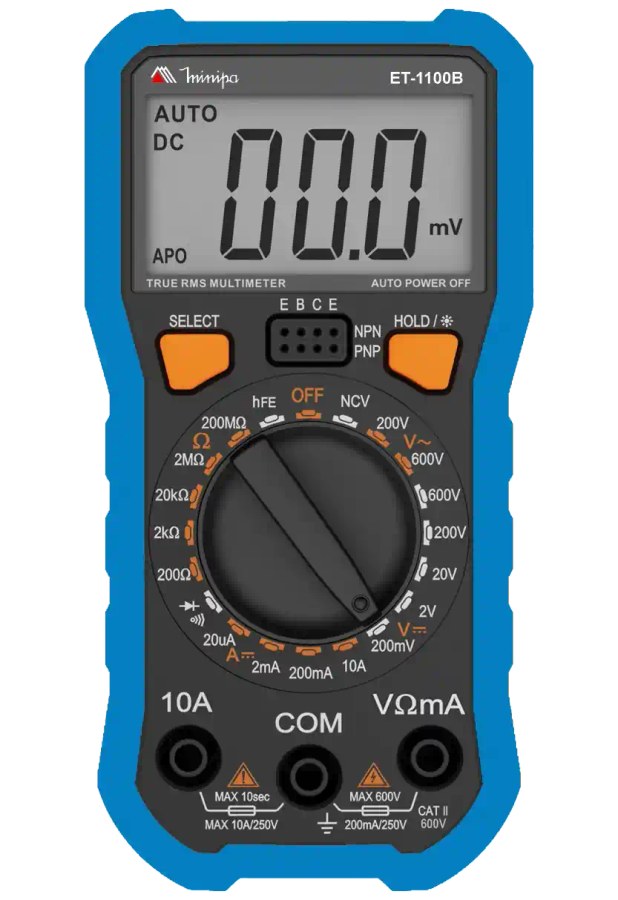 Multímetro digital Minipa ET-1100B com capa azul, display grande com luz de fundo e botões laranja SELECT e HOLD
