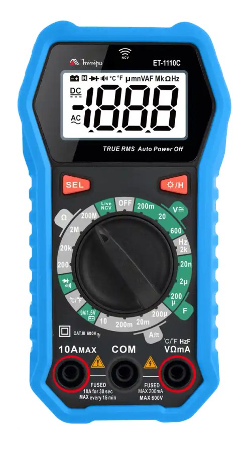 Multímetro digital Minipa ET-1110C com capa azul, display branco e seletor colorido em verde e cinza