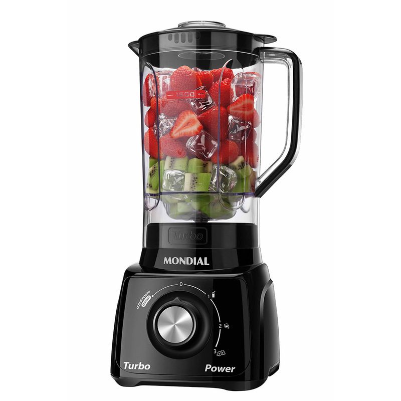 Liquidificador Mondial L-99-FB preto com frutas e gelo dentro do copo