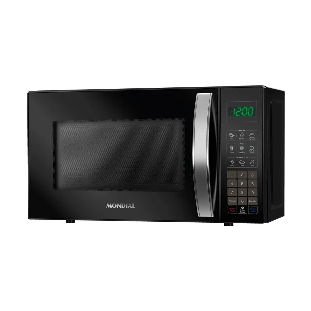 Micro-ondas Mondial MO-01-21-B preto, em vista inclinada, com display verde e painel de menus
