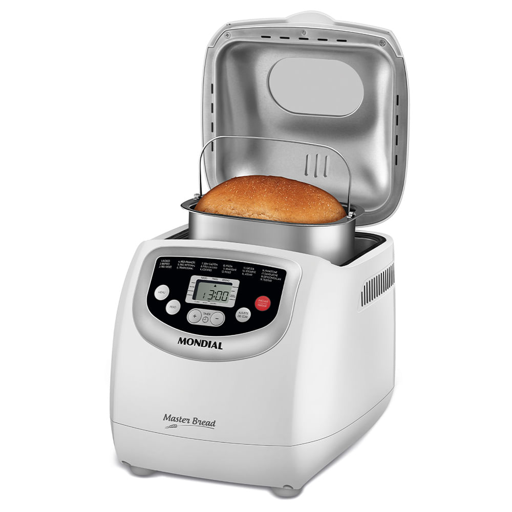 Panificadora Mondial Master Bread NPF-54 branca com a tampa aberta, mostrando o pão assado na forma e o painel digital